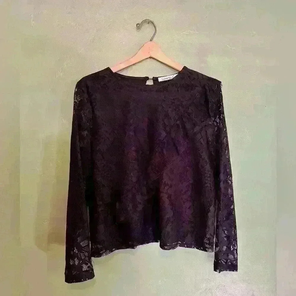 Black Lace Long Sleeve with Sheer Sleeves and Ruffle, Size L